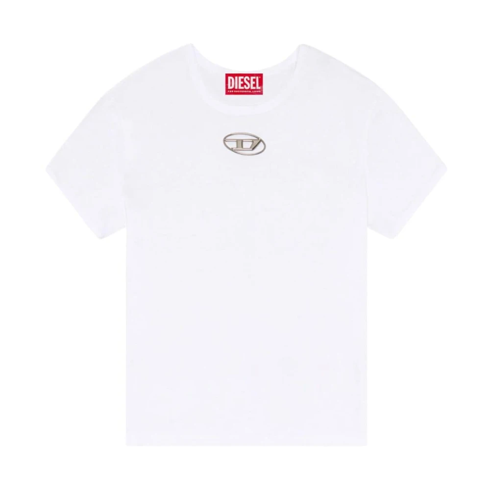 Diesel Vit Bomull T-shirt med Cut-out Oval D Logo White, Dam
