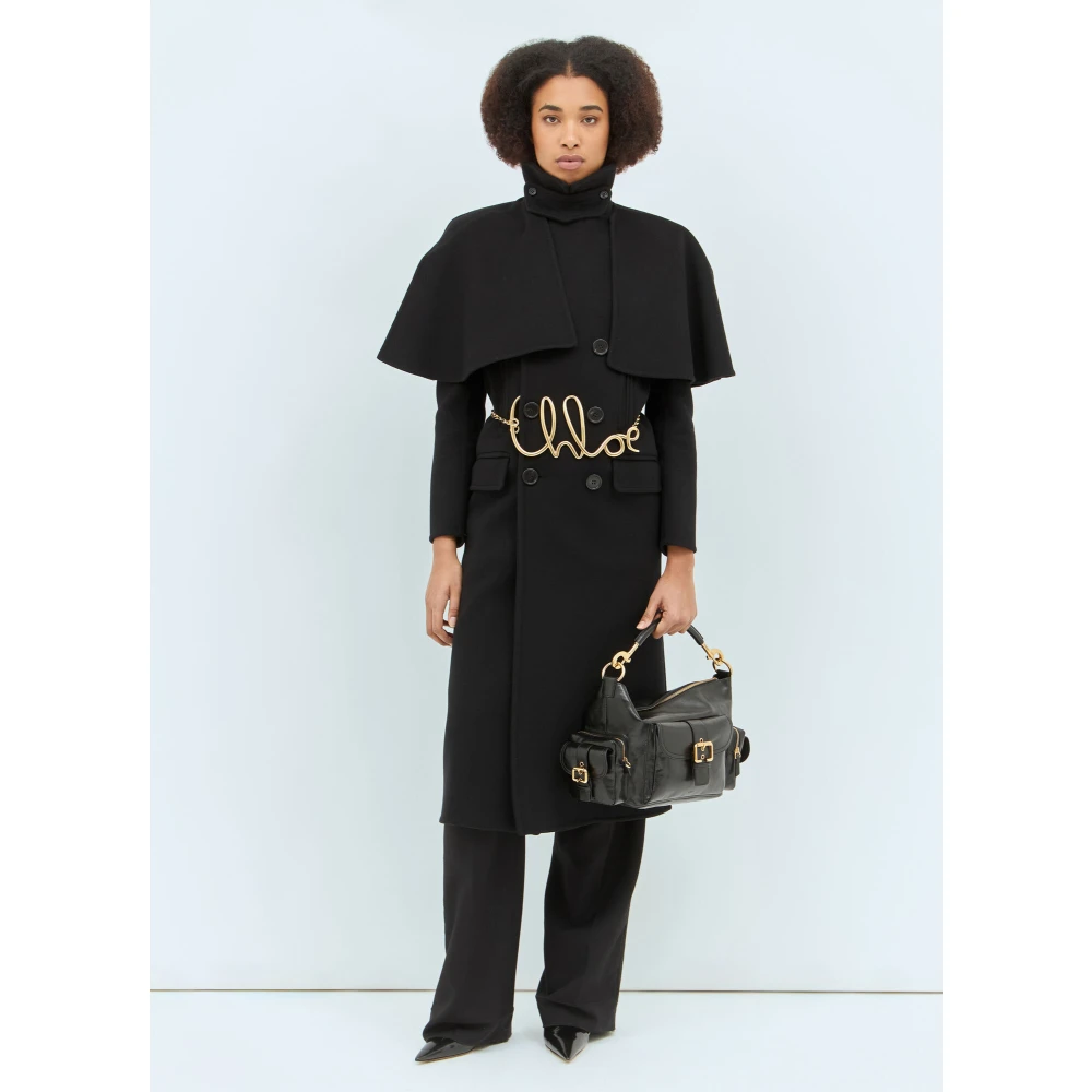Chloé Wollen lange jas met afneembare cape Black Dames
