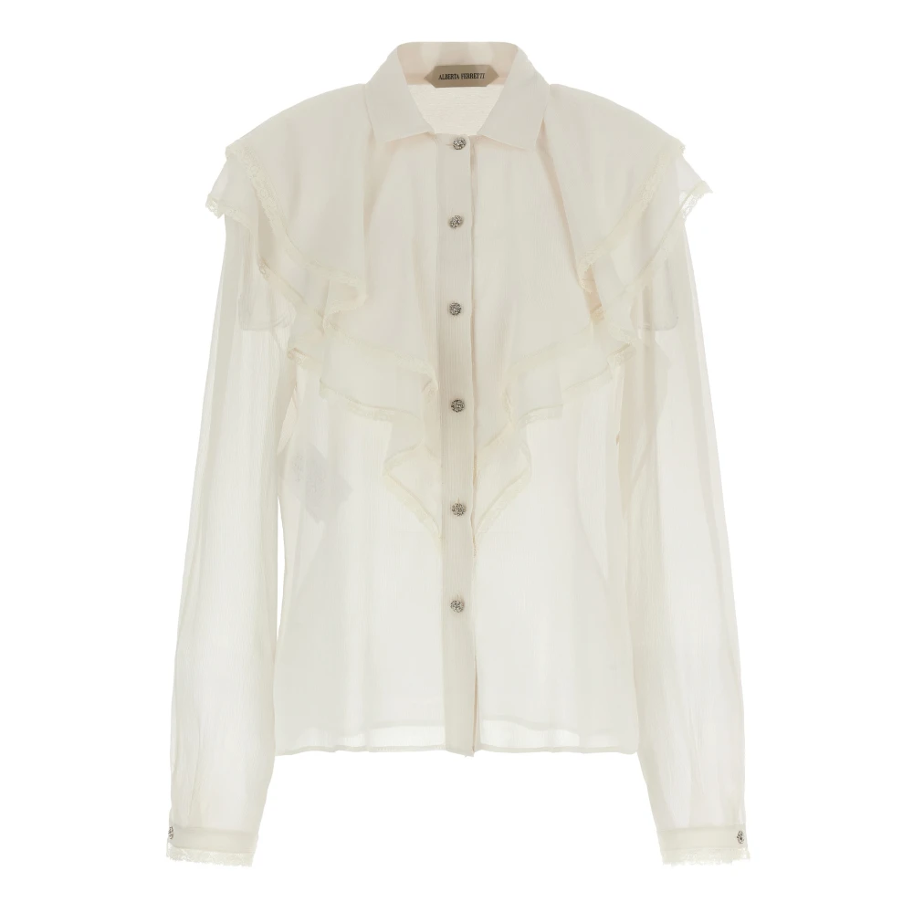 Alberta Ferretti Women's Beige Silk Creponne Ruffle Blouse - Shirts - S - Blouses & Shirts