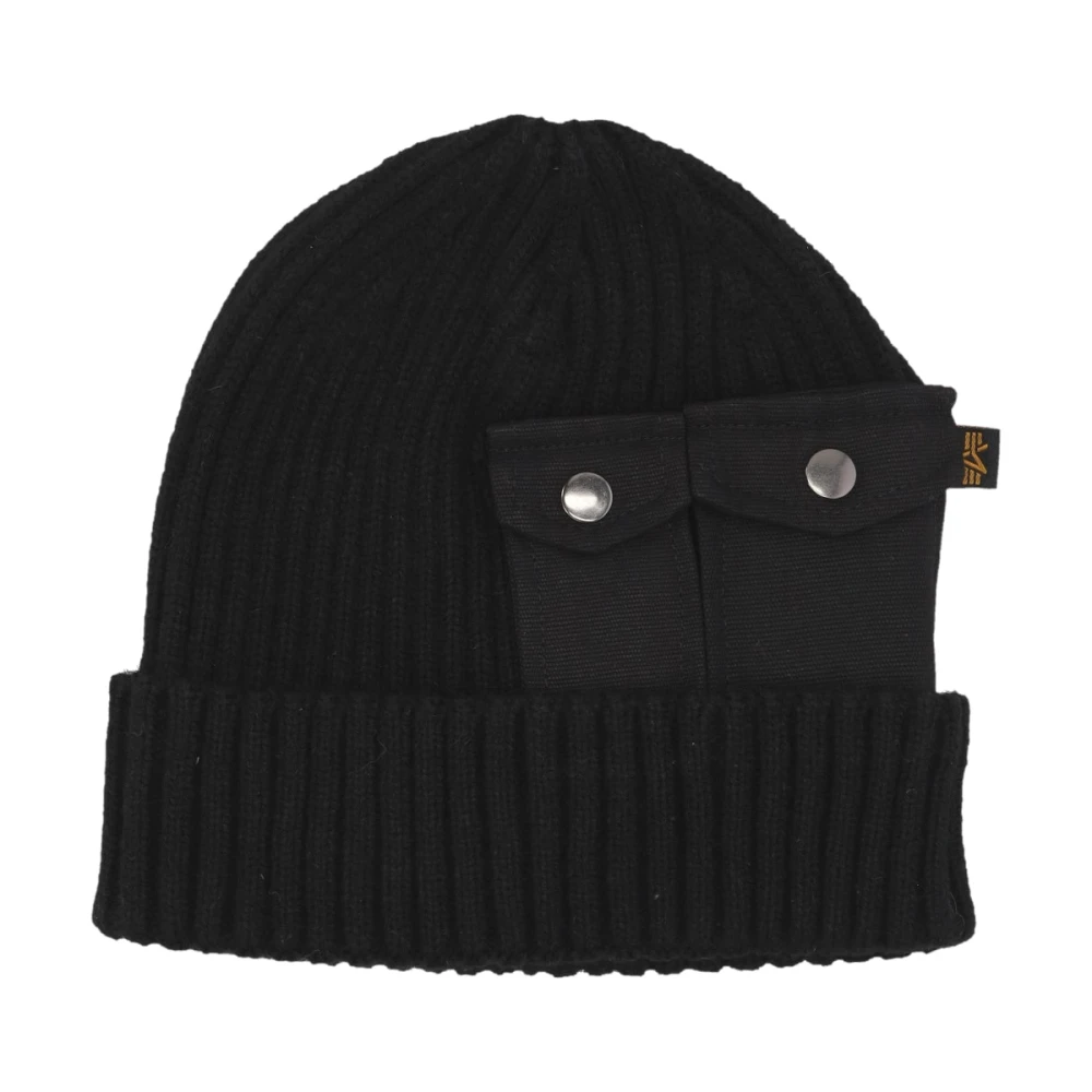 alpha industries Zwarte Utility Beanie met Ribgebreid Black Heren