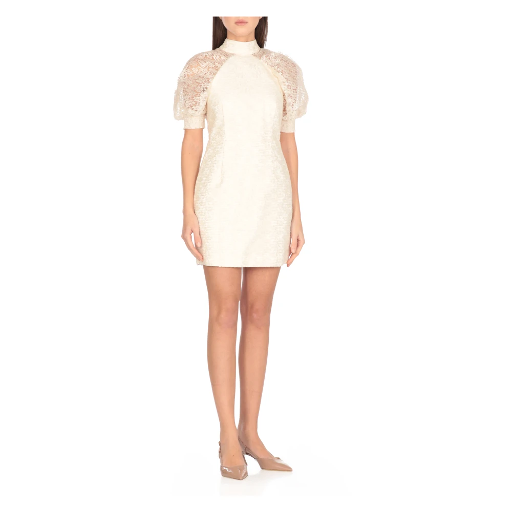 Rotate Birger Christensen Ivoor Kant Geplooide Ballonmouw Jurk Beige Dames