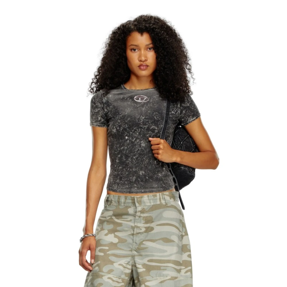 Diesel Zwart T-shirt met gemarmerd motief en logo Gray Dames