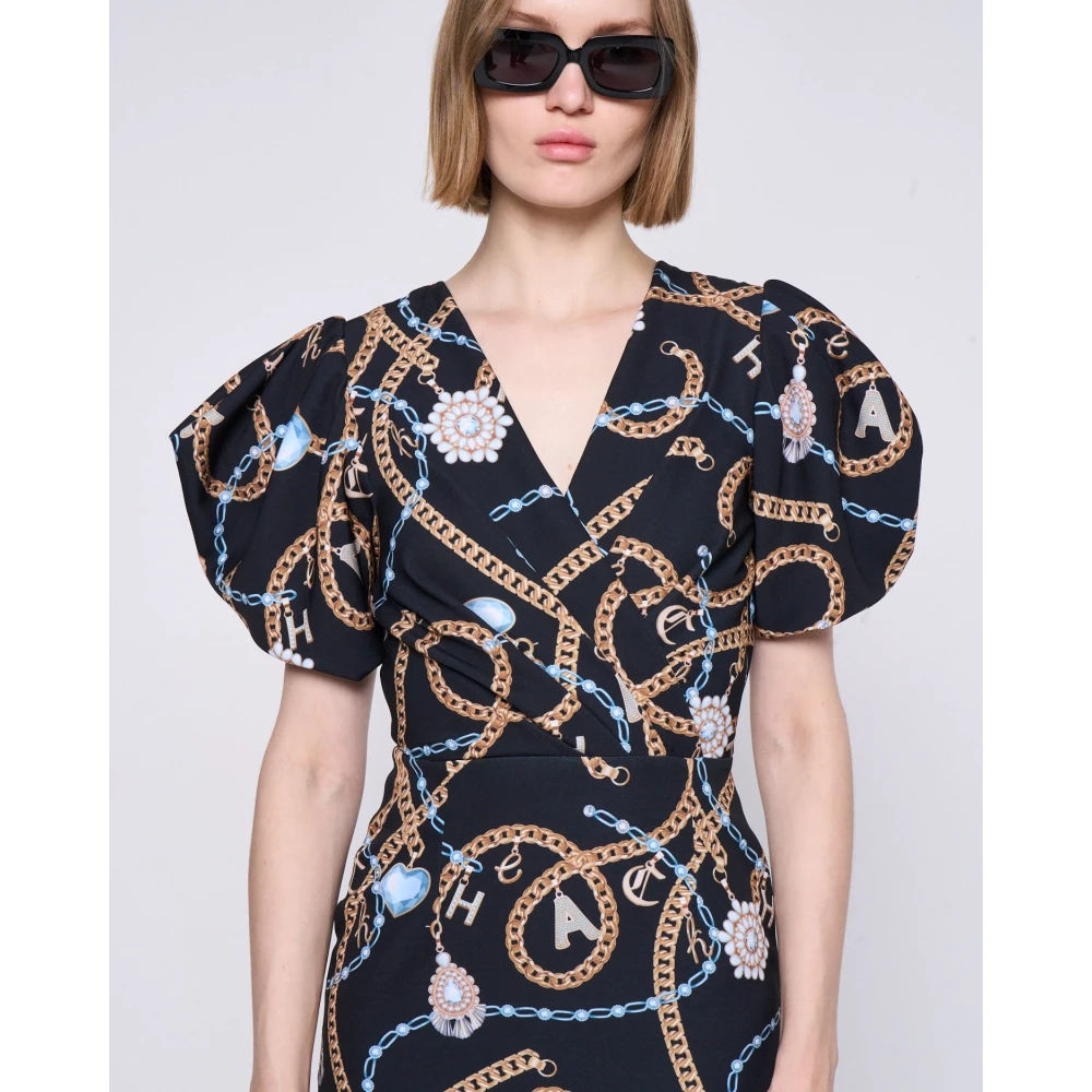 Silvian Heach Fantasie Midi Jurk met Ballonmouwen Black Dames