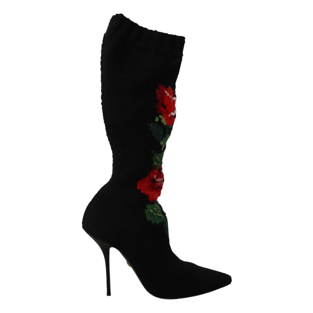 Dolce & Gabbana Women's Black Heeled Boots, 6 Uk, Stretch Socks Red Roses Booties