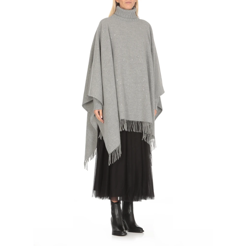 Fabiana Filippi Grijze wollen cape met pailletten en franjes Gray Dames
