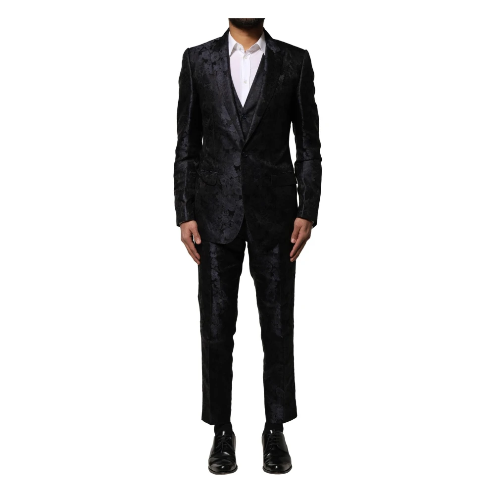 Dolce & Gabbana , Single Breasted Suits, Male, Black, S, Jacquard 3 Piece Single Breasted Suit