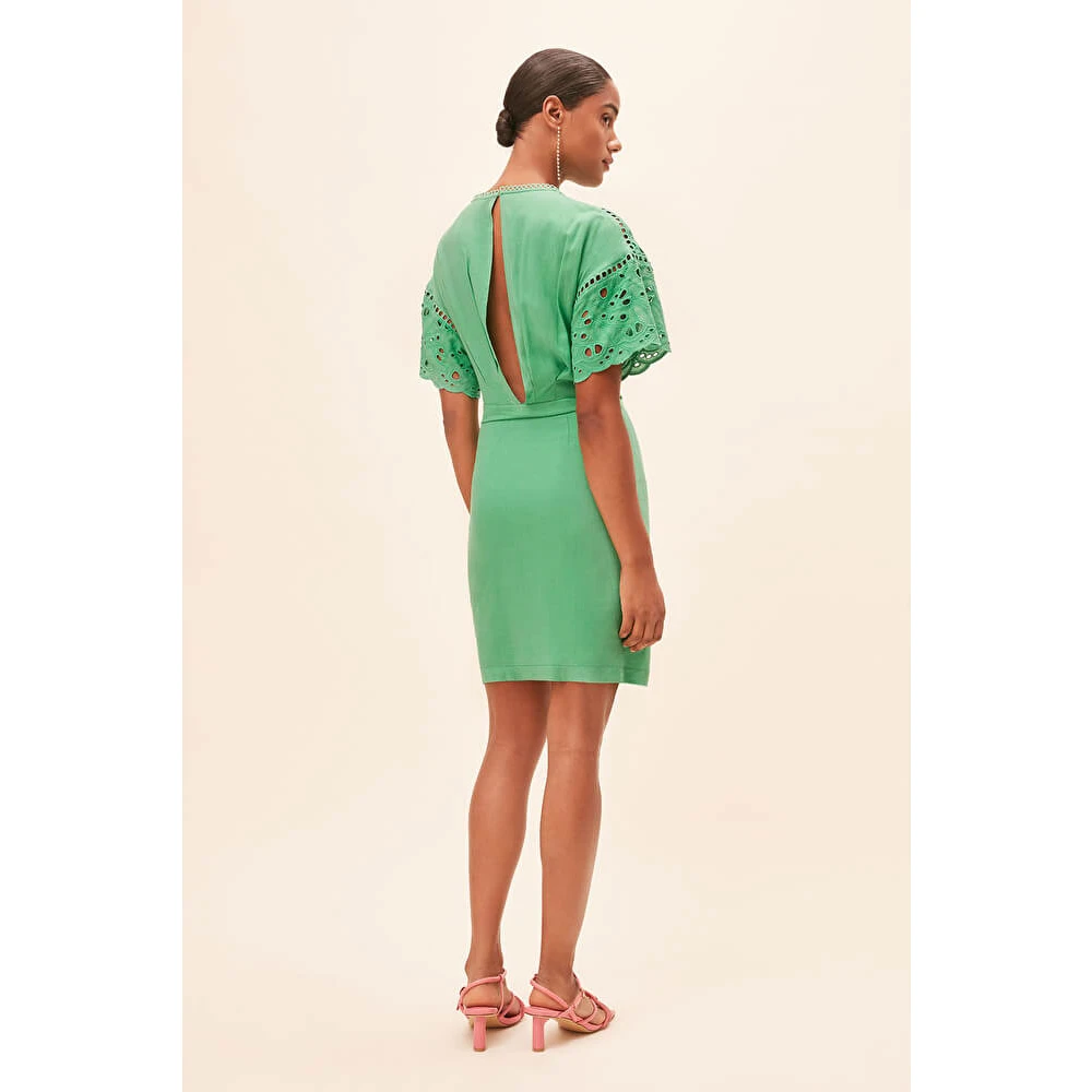 Suncoo Geborduurde Rugloze Kruis-Effect Linnen Jurk Green Dames