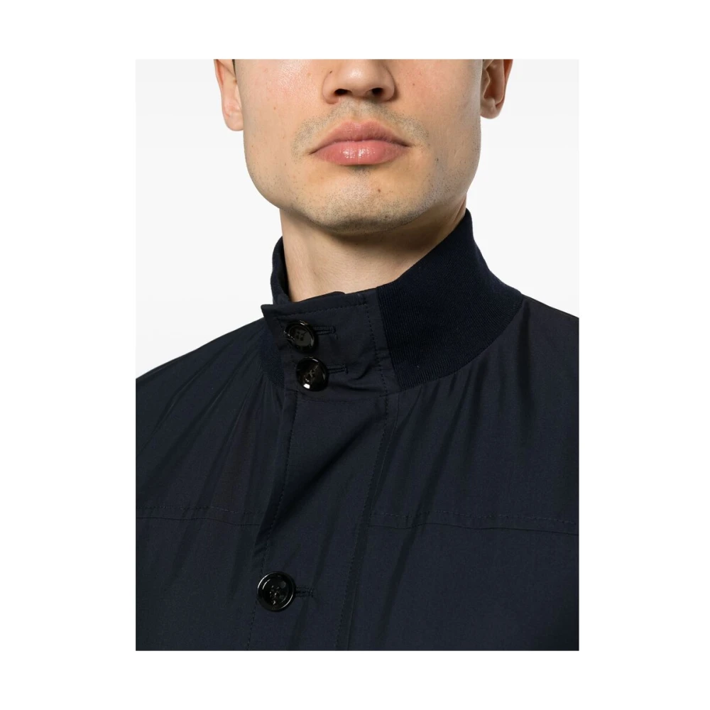 Brioni Navy Blue Zijden Opstaande Kraag Jas Blue Heren