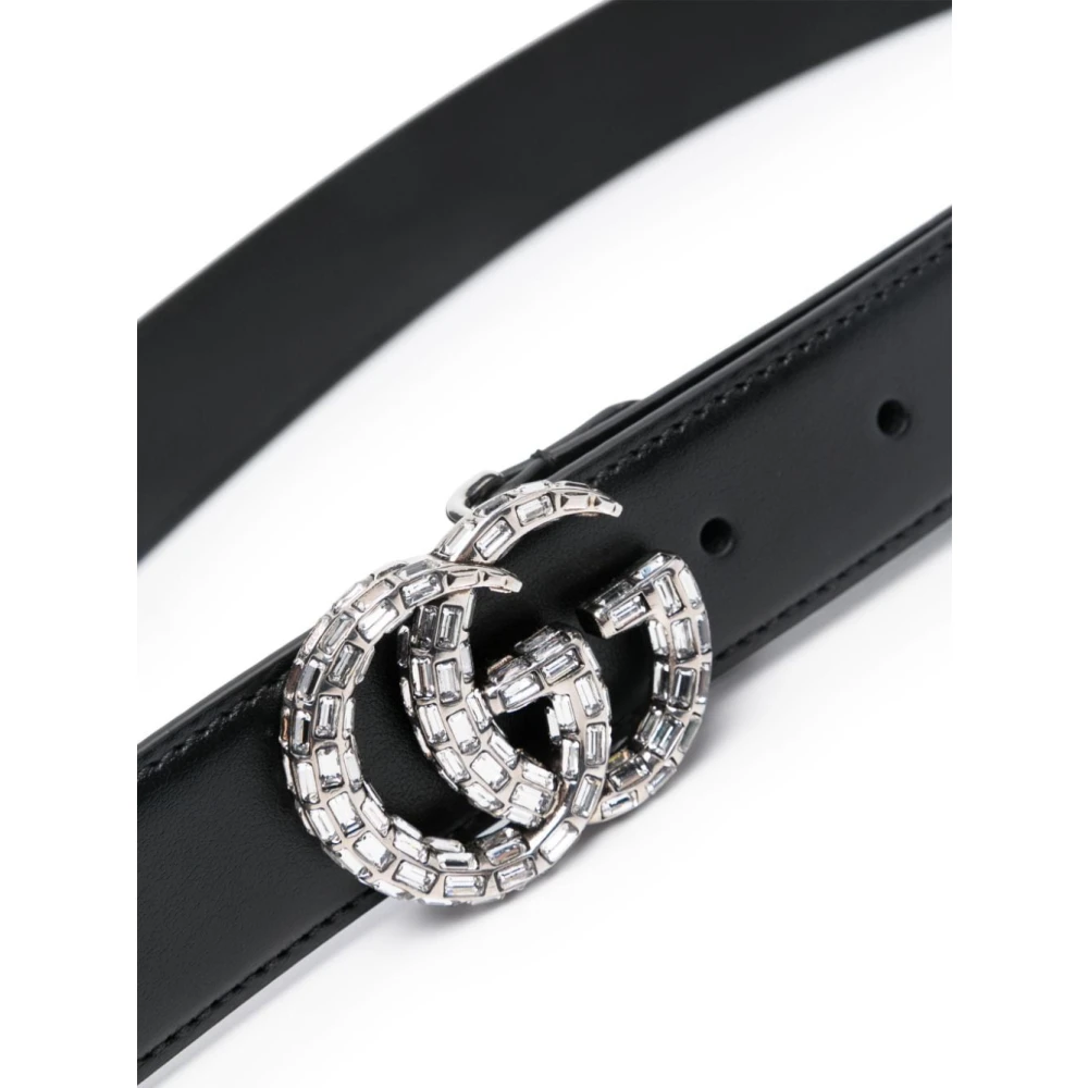 Gucci Kristal Dubbele G Zwarte Leren Riem Black Dames