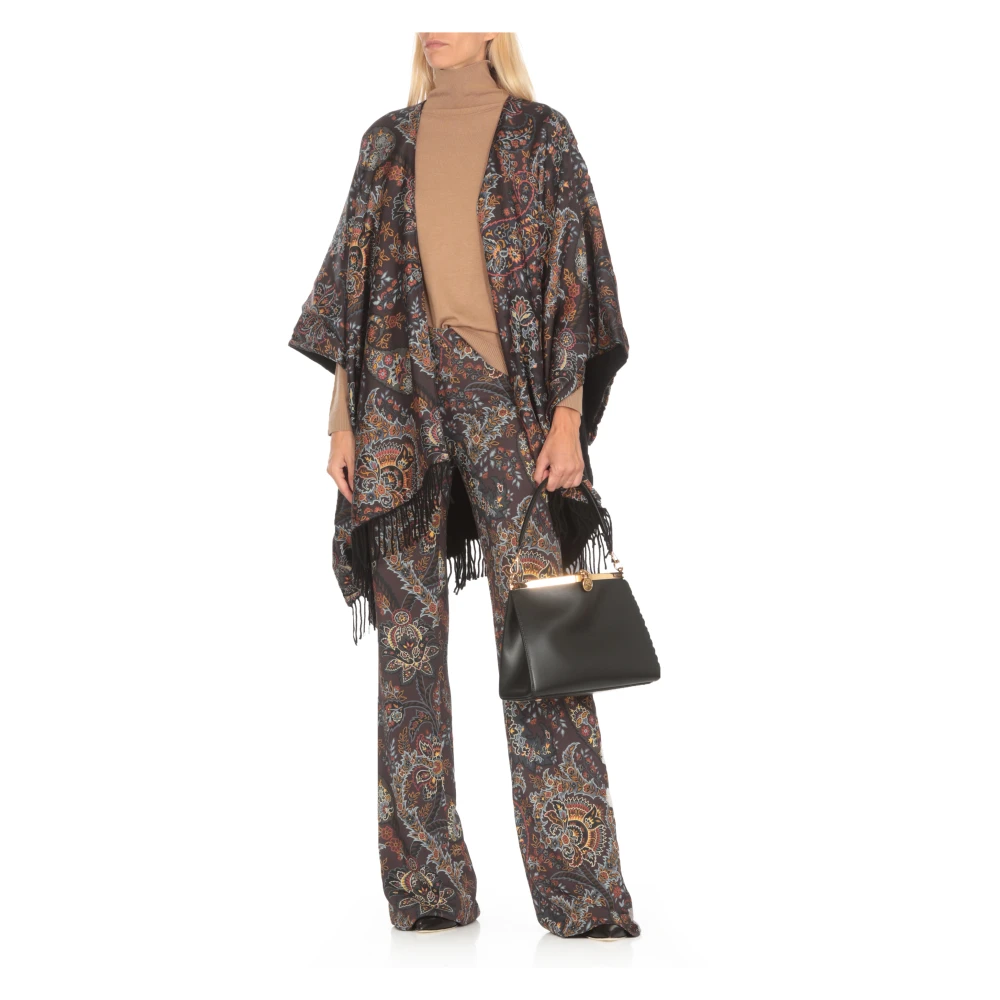 ETRO Zwarte Bloemenponcho met Franjes Multicolor Dames