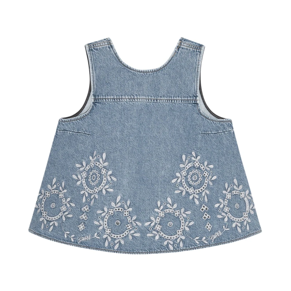 Ganni Women's Blue Sleeveless Tops, L, Broderie Anglaise Denim Top