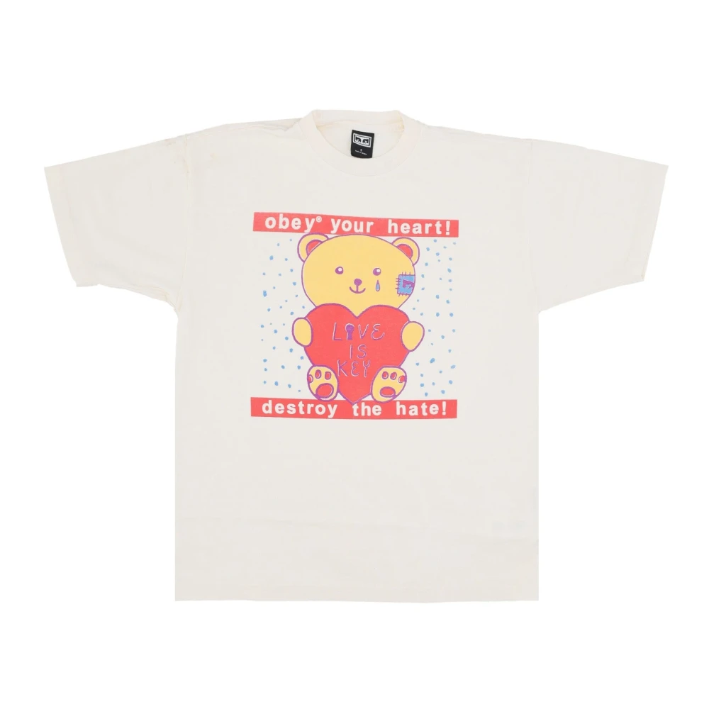 Obey Hart Print T-shirt voor Vrouwen Beige Heren