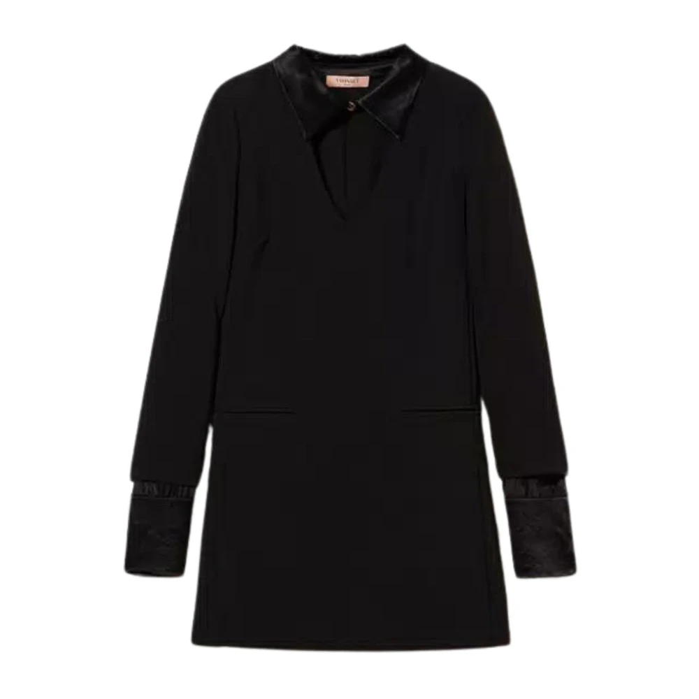 Twinset Zwarte Crêpe Jurk V-Hals Lange Mouw Black Dames