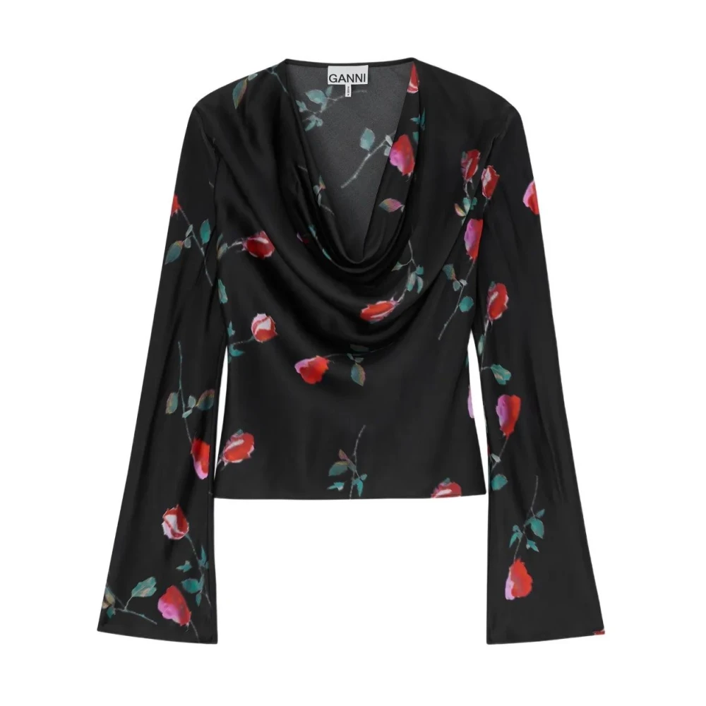 Ganni Women's Black Blouses, S, Printed Satin Blouse