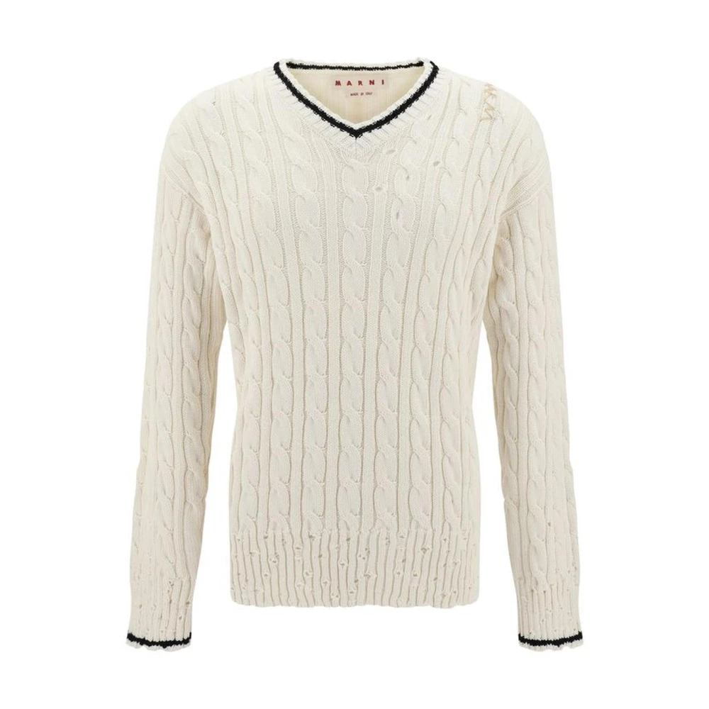 Marni Cable-Knit V Neck Cotton Sweater Beige Heren