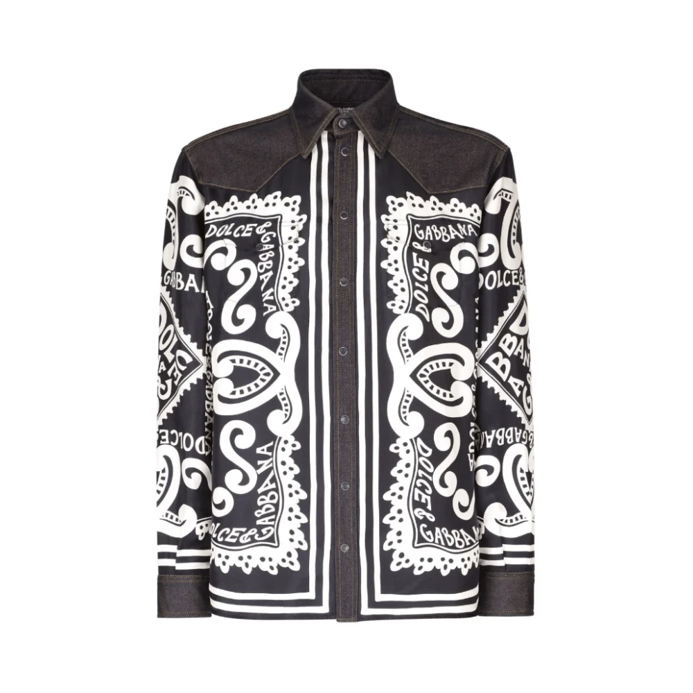 Dolce & Gabbana Grafische Print Denim-Trim Overhemd Black Heren
