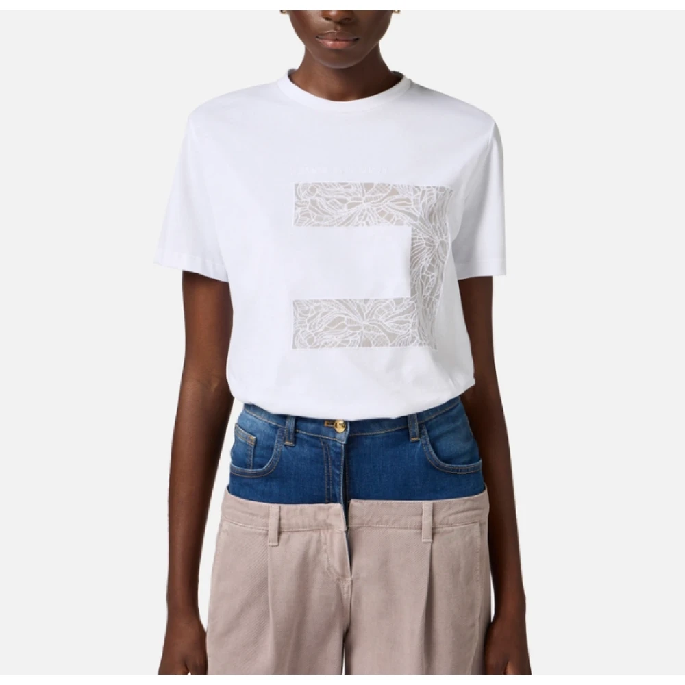 Elisabetta Franchi Bloemen Thema Korte Mouw Jersey T-Shirt White Dames