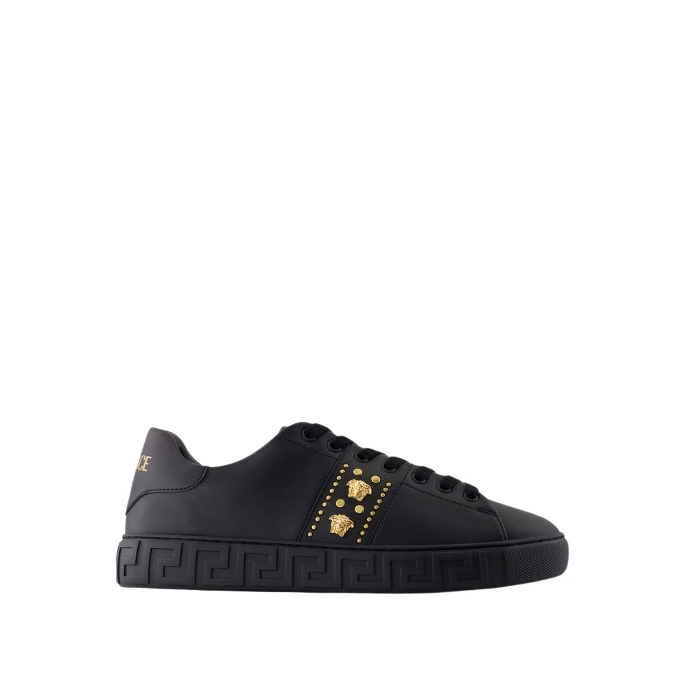 Versace Men's Black Sneakers, 9 Uk, Leather Trainers - Round Toe
