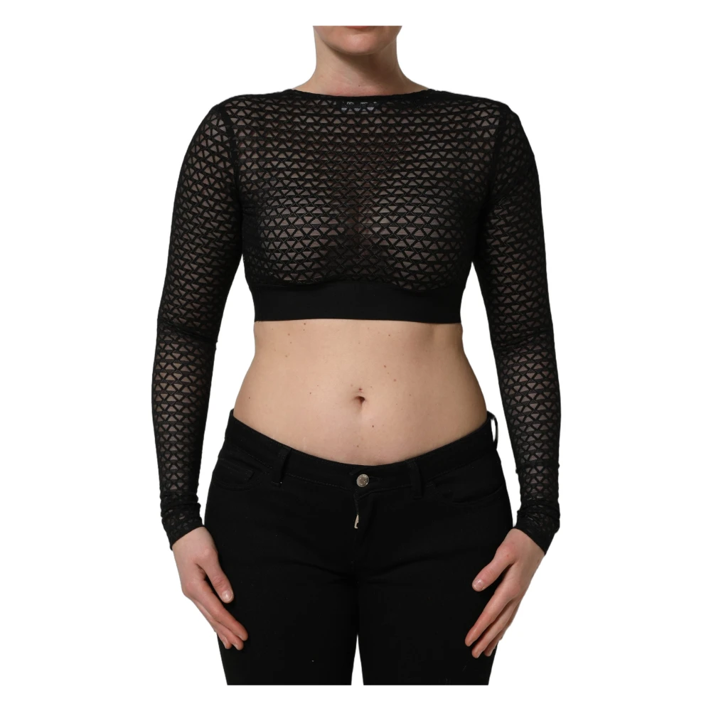 Dolce & Gabbana , Long Sleeve T-Shirts, Female, Black, S, Fishnet Long Sleeve Cropped Top