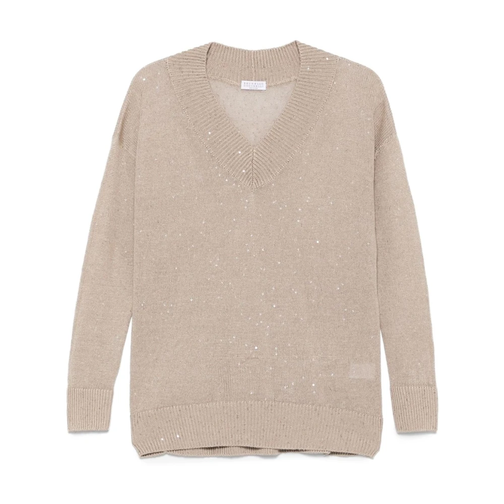 BRUNELLO CUCINELLI Multikleur Paillet V-hals Trui Brown Dames