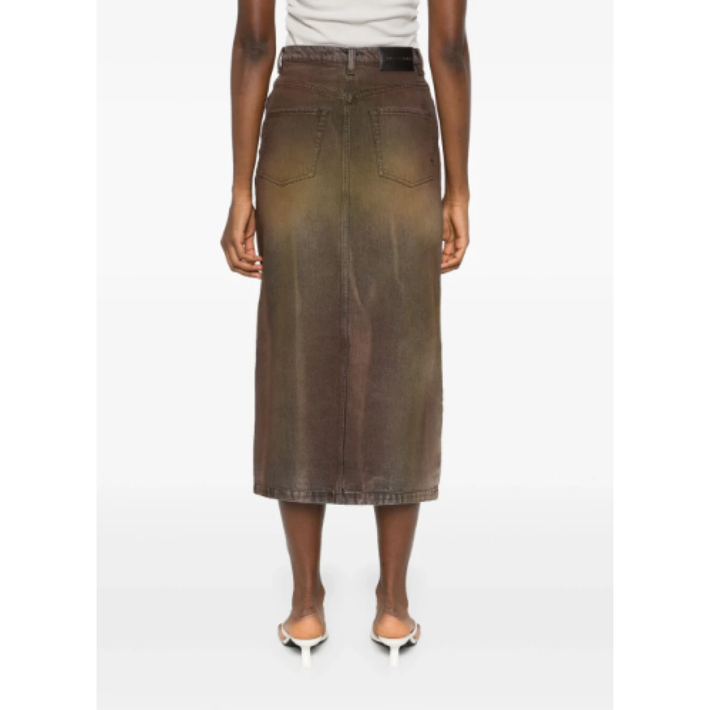 pinko Denim Midi Rok met Logo Patch Brown Dames