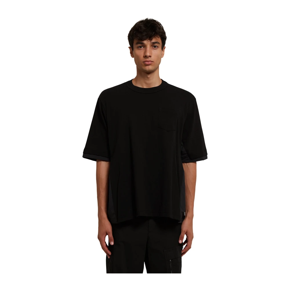 Sacai Zwart Katoenen T-Shirt met Jersey Details Black Heren