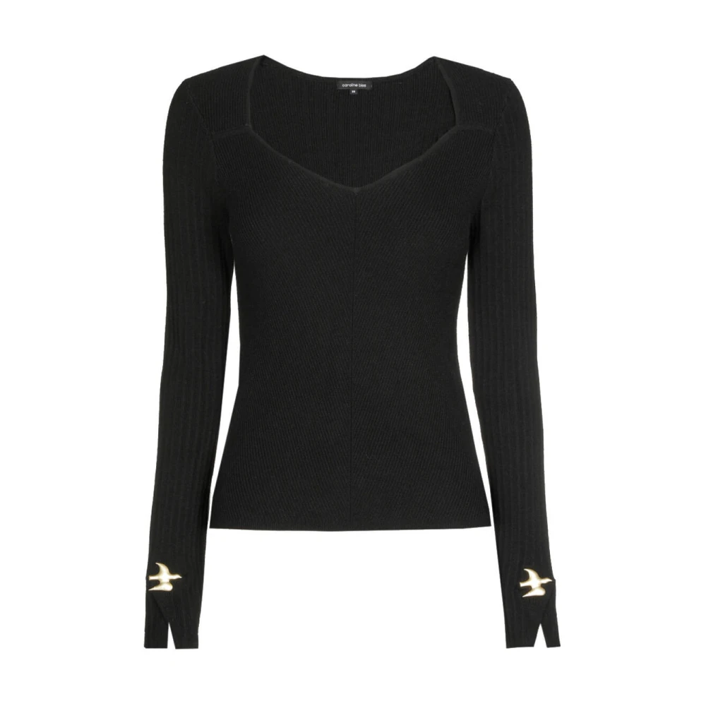Caroline Biss Geribbelde V-hals Top in Viscose-Kasjmier Black Dames