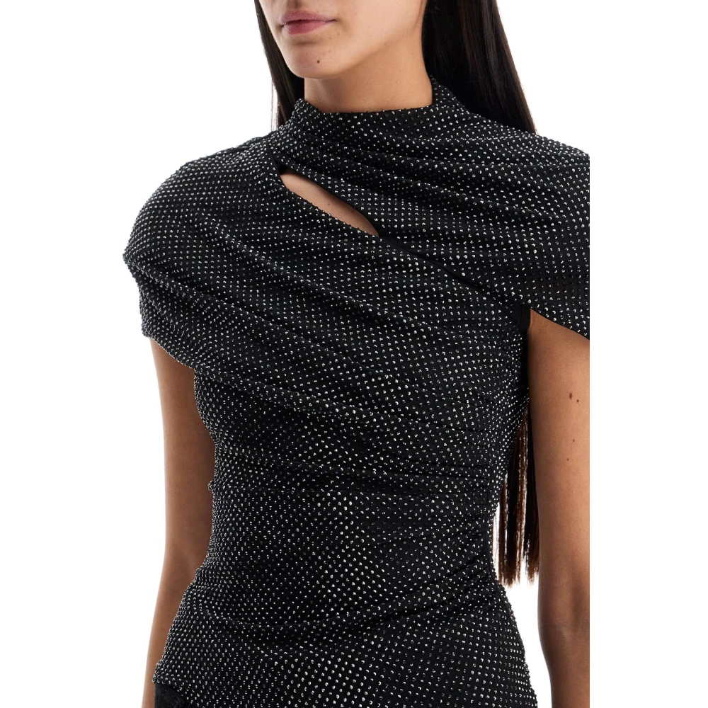 Self Portrait Rhinestone Mesh Draped Cut-Out Top Black Dames