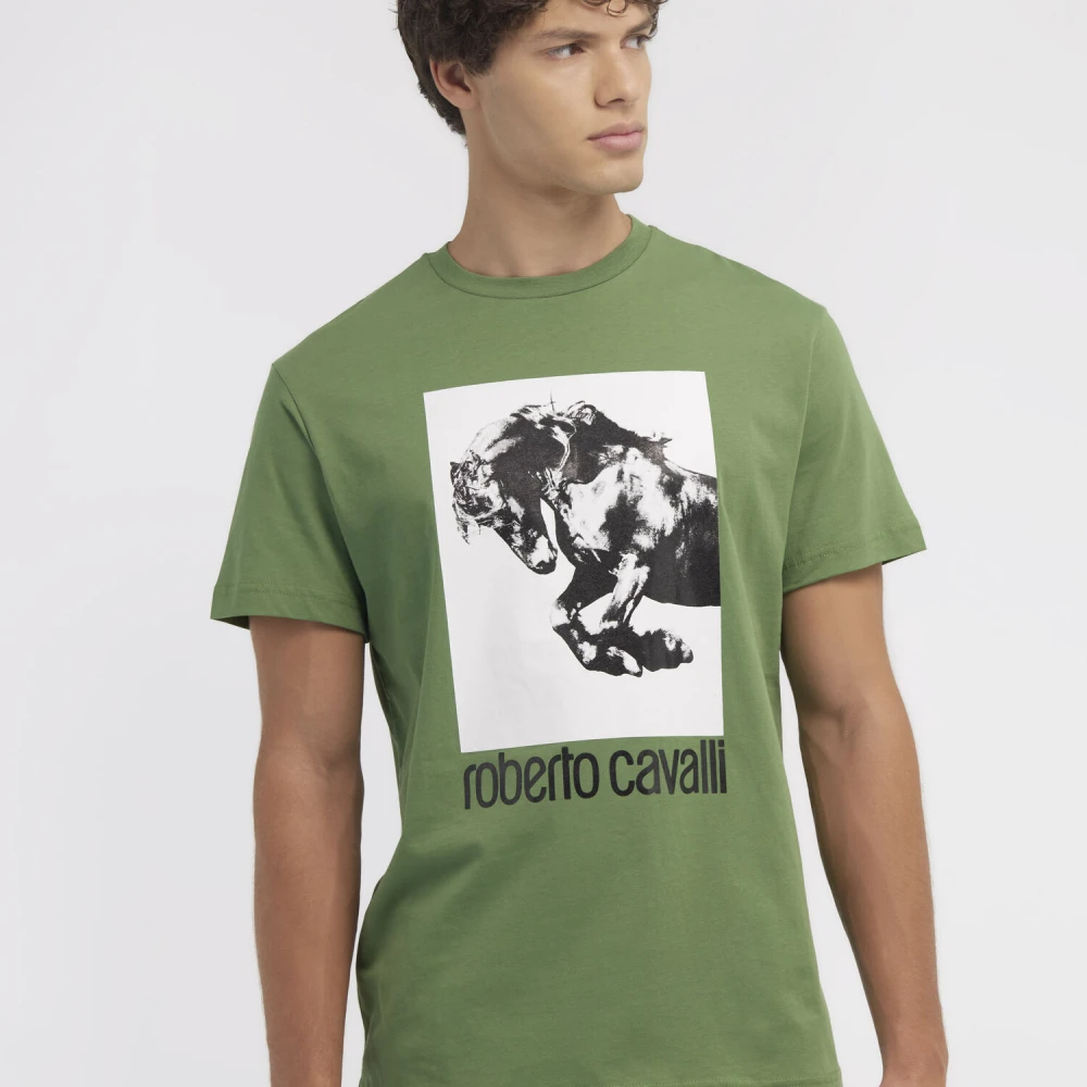 Roberto Cavalli T-shirt met Paardenlogo en Print Green Heren