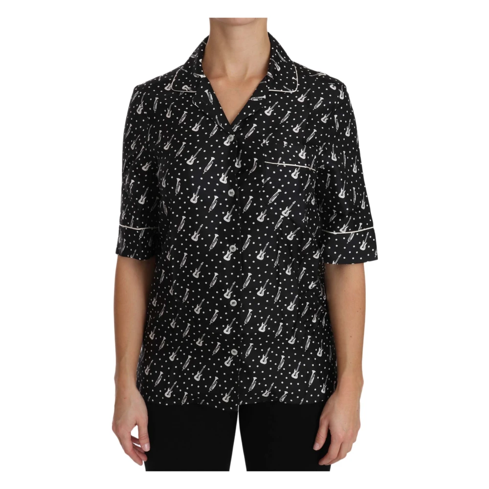 Dolce & Gabbana Women's Black Silk Guitar Trumpet Print Polo Top - Shirts - 2XS - Blouses & Shirts