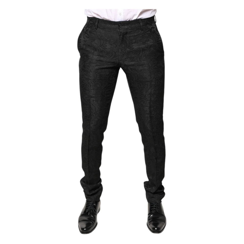 Dolce & Gabbana Men's Black Slim-Fit Trousers, S, Floral Jacquard Dress Trousers