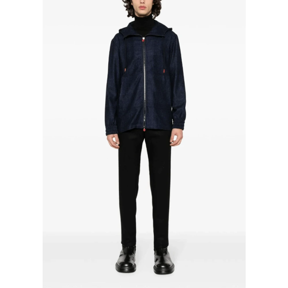 Kiton Geruite Check Hoodie Blue Heren