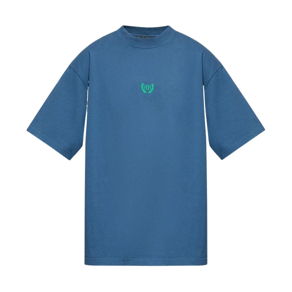 Balenciaga Men's Blue Relaxed Fit T-Shirt With Embroidered Logo Detail - T-Shirts - L - Tops
