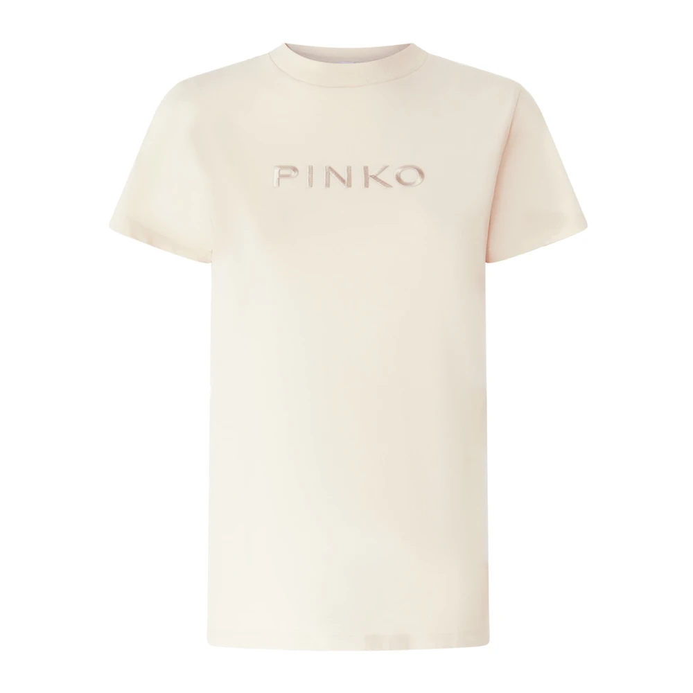 Pinko Geborduurd Logo Katoenen Jersey T-shirt Beige Dames