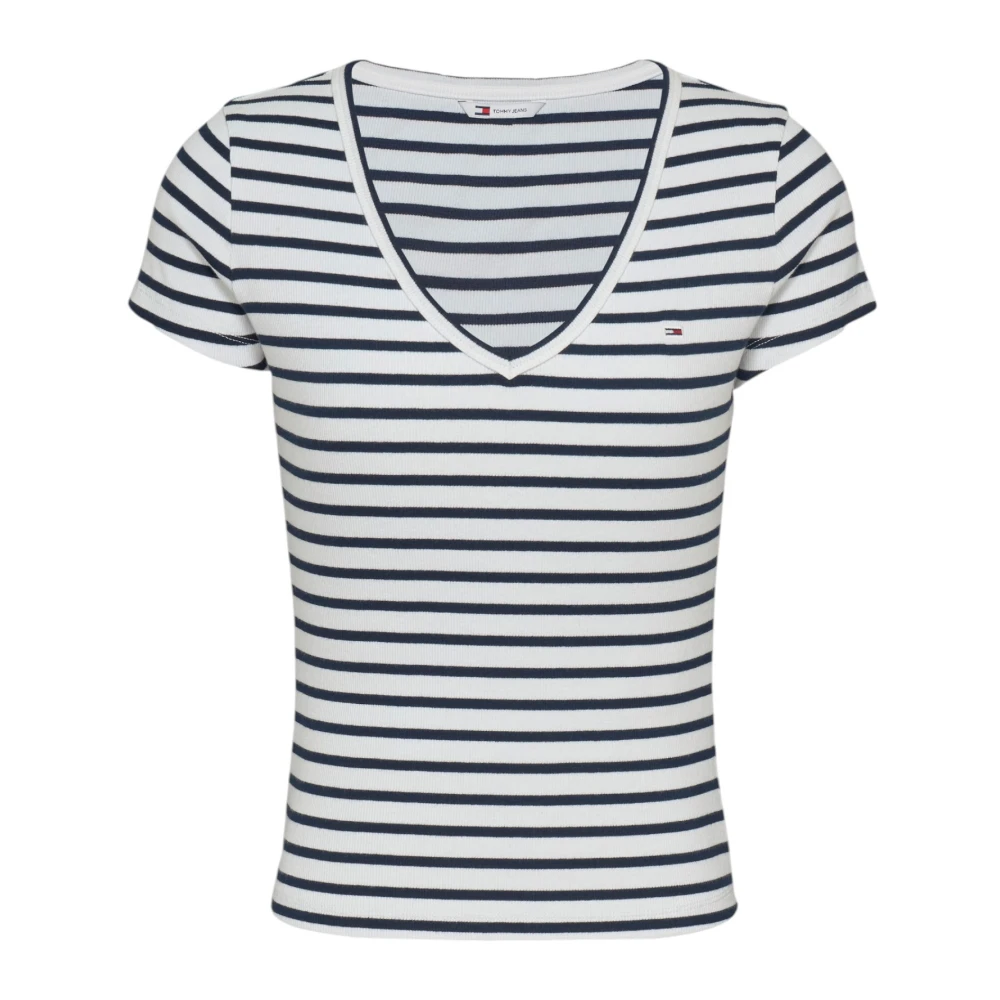 Tommy Jeans Gestreept V-hals T-shirt voor vrouwen White Dames