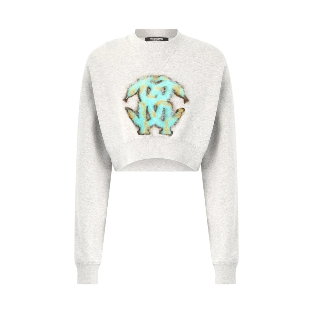 Roberto Cavalli Women's Gray Snake Monogram Cropped Sweatshirt