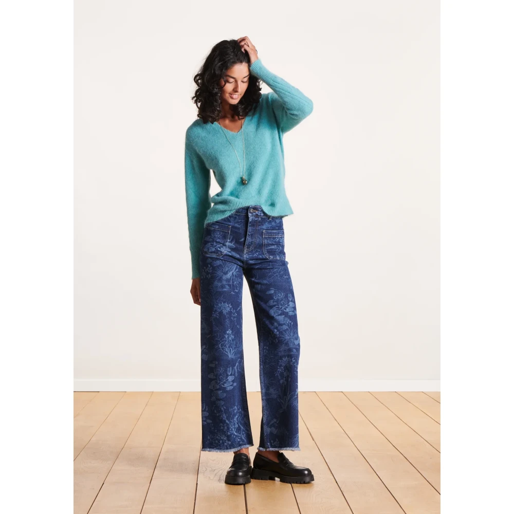 La Fée Maraboutée Angora V-hals trui boxy stijl Blue Dames