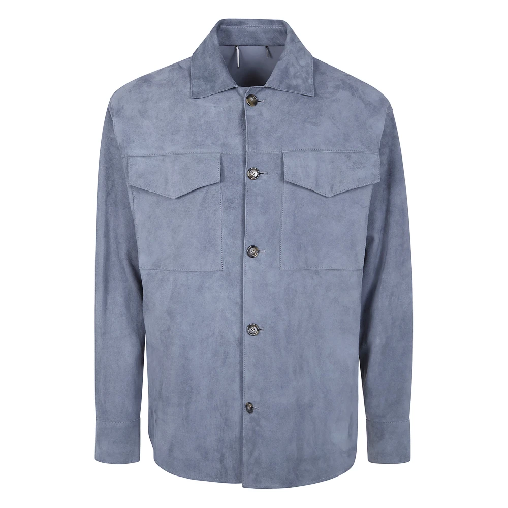 Lardini Men's Blue Leather Jackets, L, Nappa Shirt