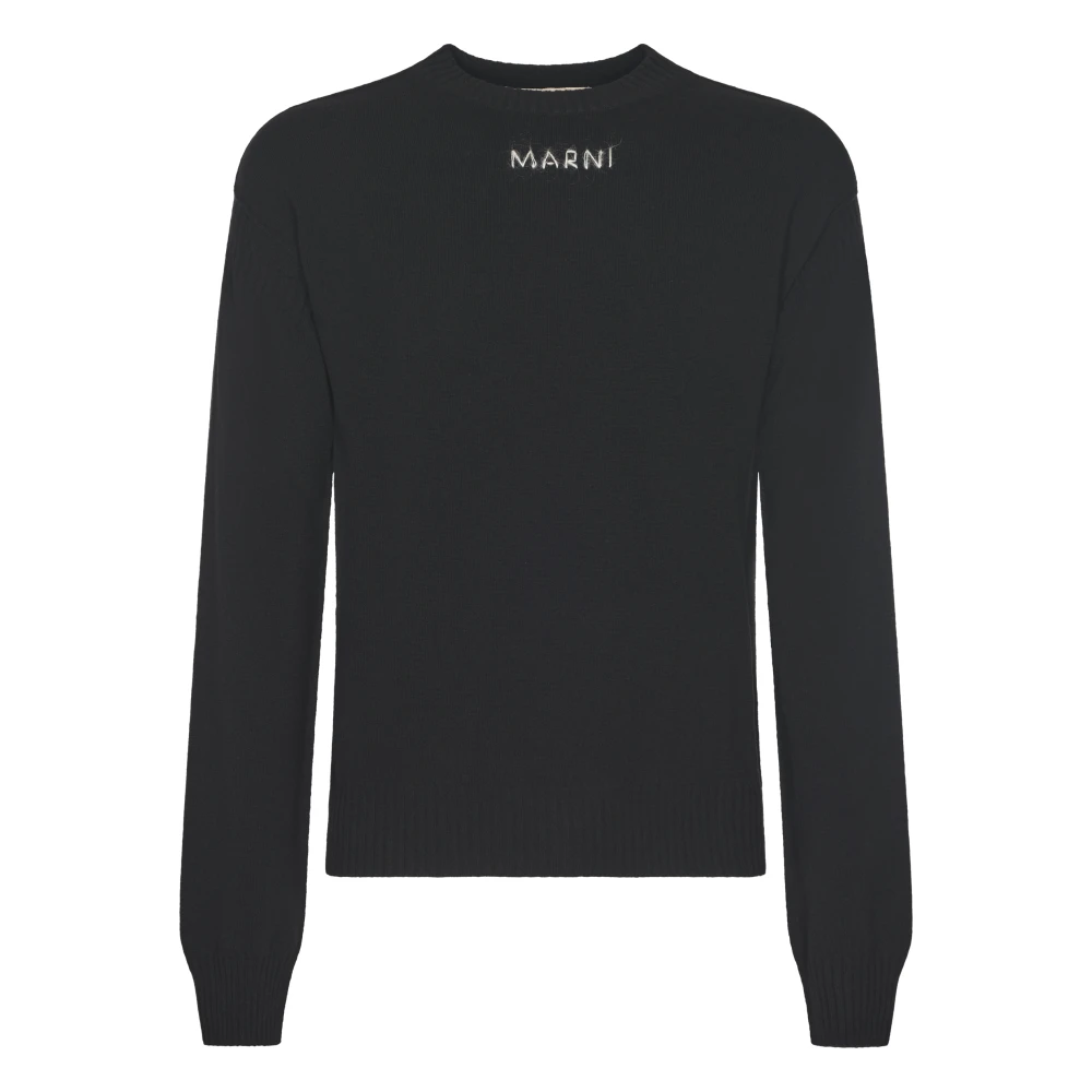 Marni Monochrome Wollen Trui met Geribbelde Ronde Hals Black Heren