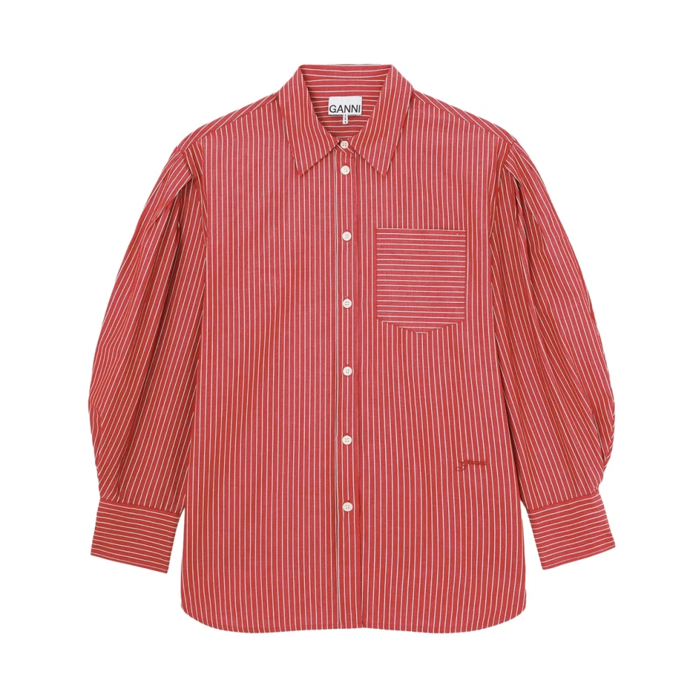 Ganni , Shirts, Female, Red, Xs, Oxford Stripe Pleated Sleeve Shirt