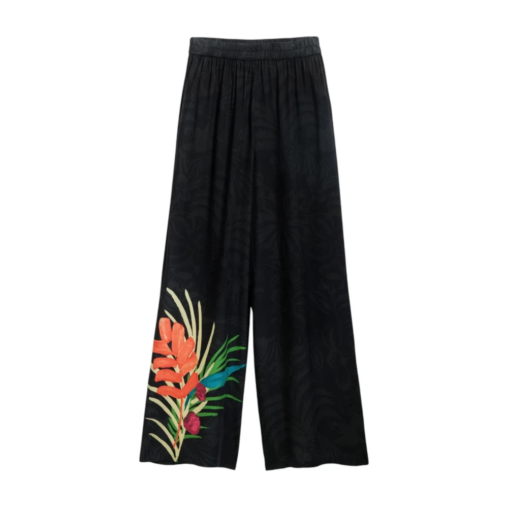 Desigual Women's Black Wide Trousers,, Floral Pattern Trousers With Pockets Extra Small