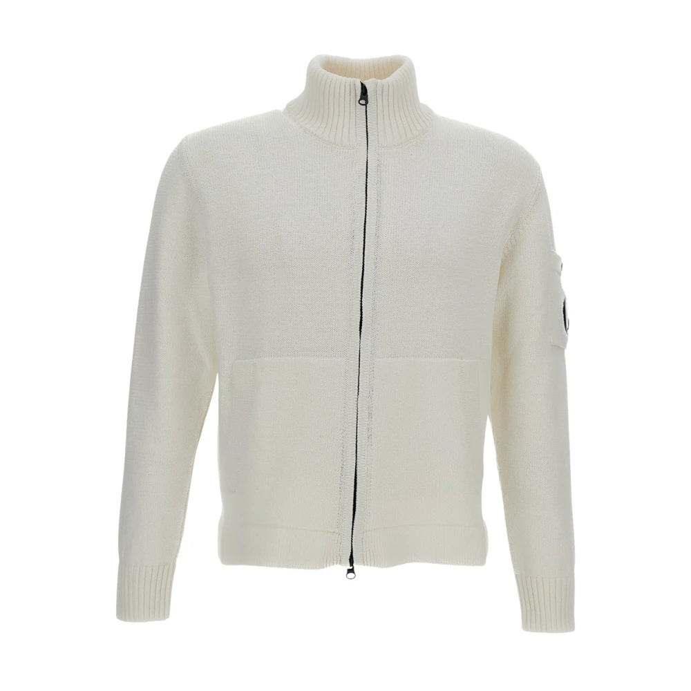 C.p. Company Mannelijk Wit Truien & Vesten Heren, L, Katoen, Geribbelde Zip Cardigan Met Hoge Kraag