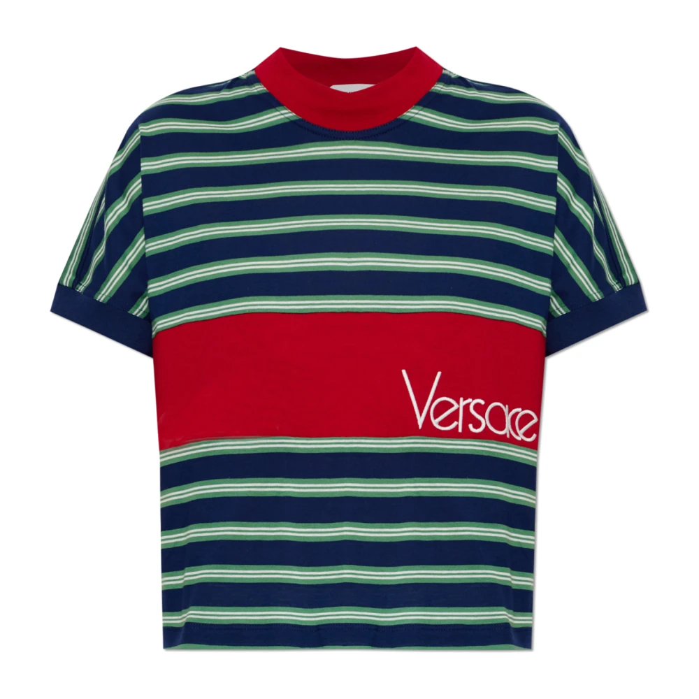 Versace Women's Blue Embroidered-Logo Striped-Intarsia Cotton T-Shirt - T-Shirts - S - Tops