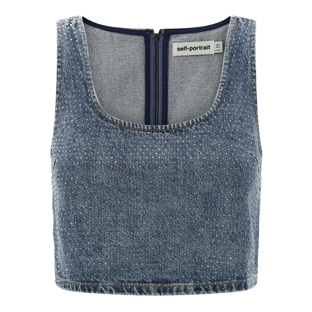Self Portrait Women's Blue Sleeveless Tops, S, Rhinestone Denim Crop Top