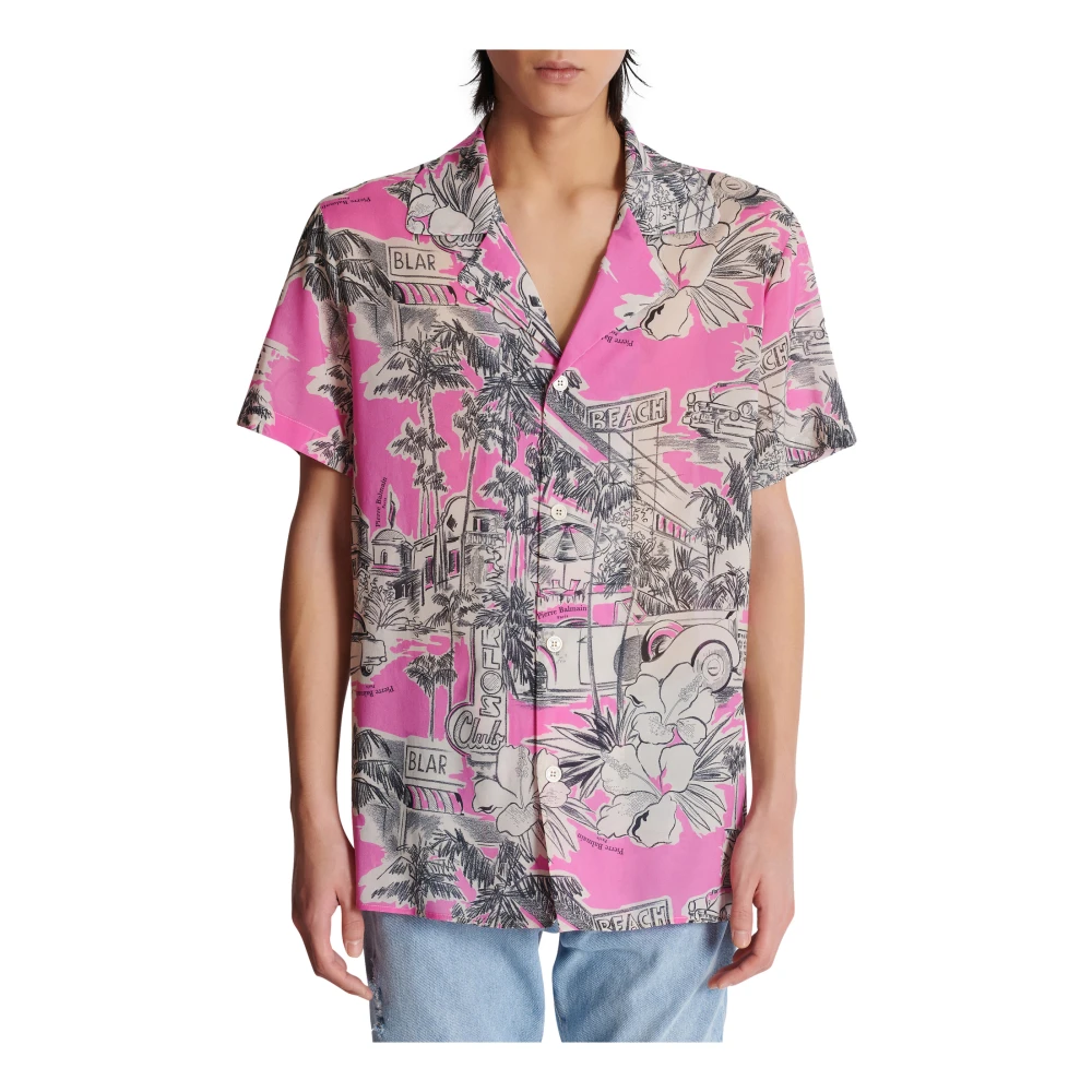 Balmain Kortemouw zijden pyjamashirt met Miami-print Pink Heren