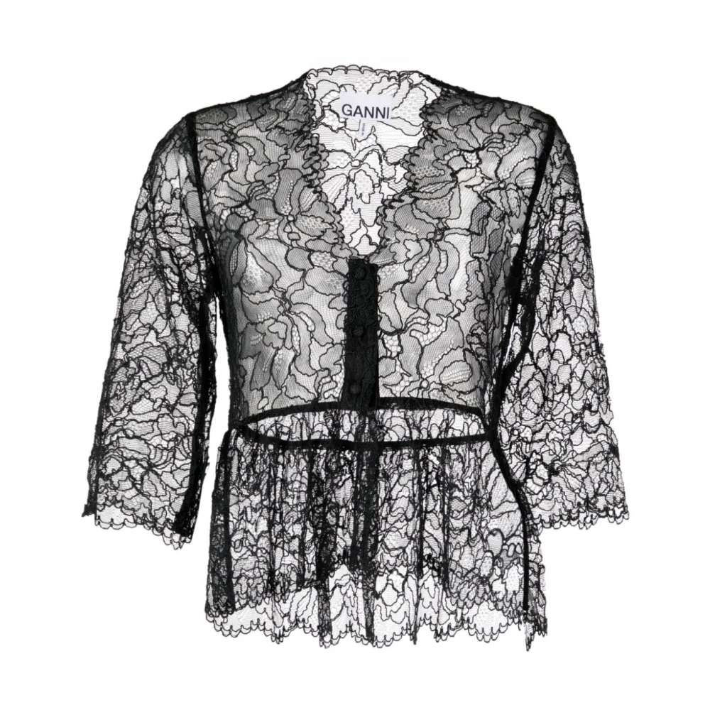 Ganni Kanten V-hals Blouse Black Dames