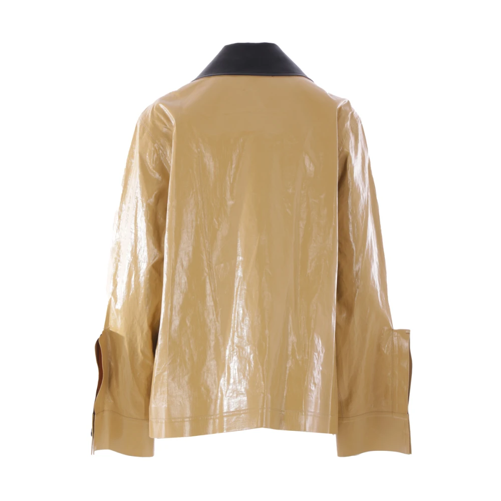 Jil Sander Beige Resin Linen Coat met leren kraag Beige Dames