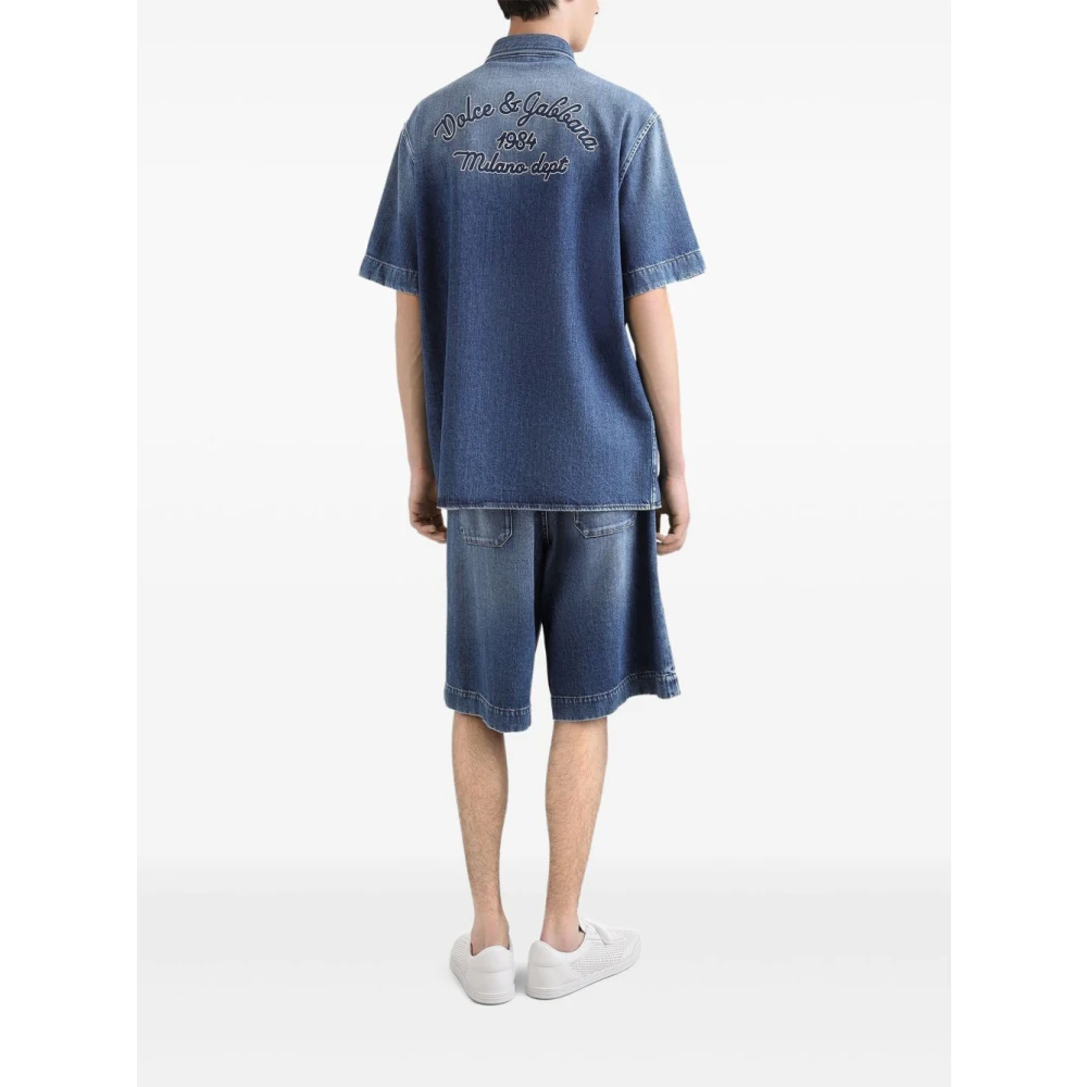 Dolce & Gabbana Blauw Voorknoopshirt Logo Print Blue Heren