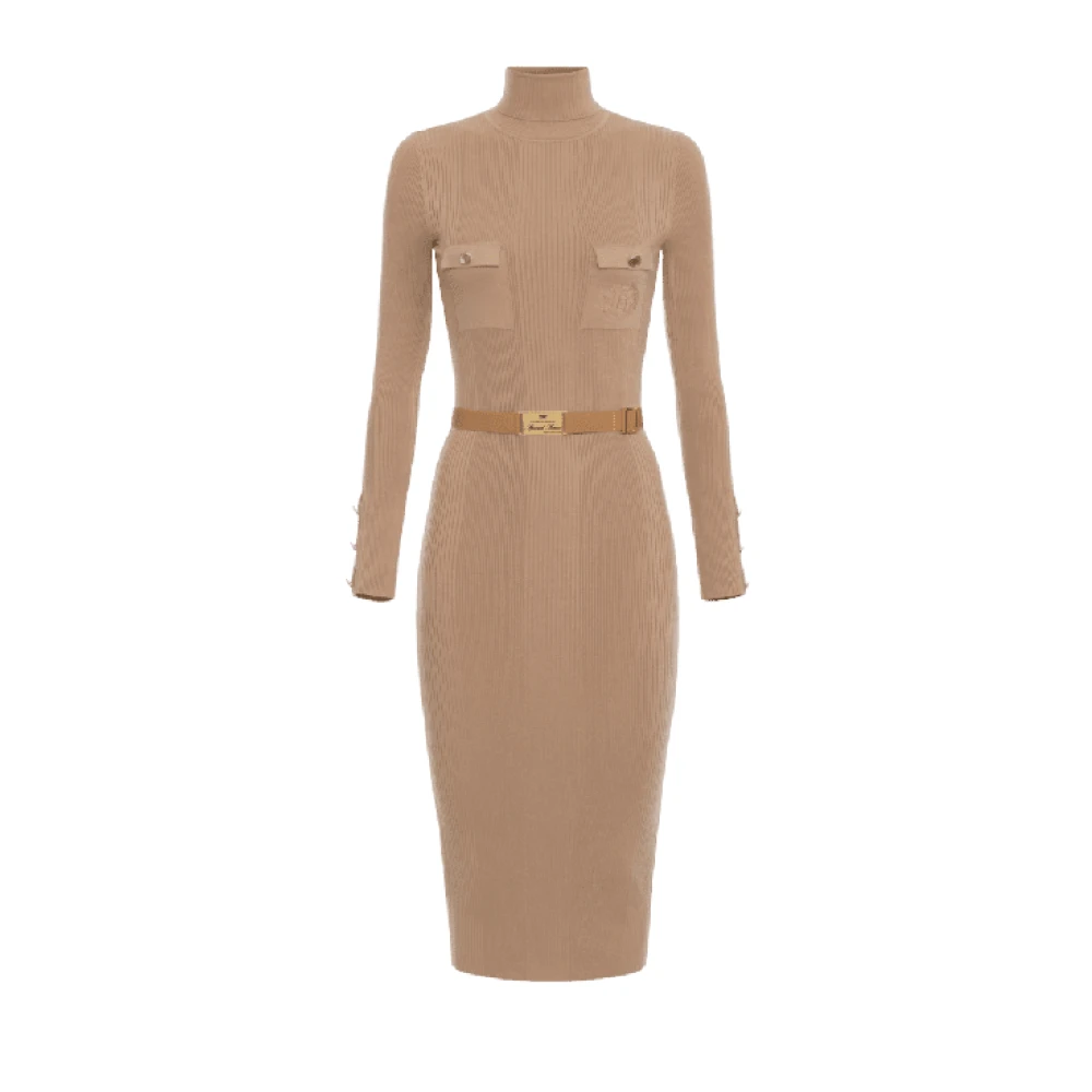 Elisabetta Franchi Kameel Gebreide Midi Jurk met Hoge Hals Brown Dames