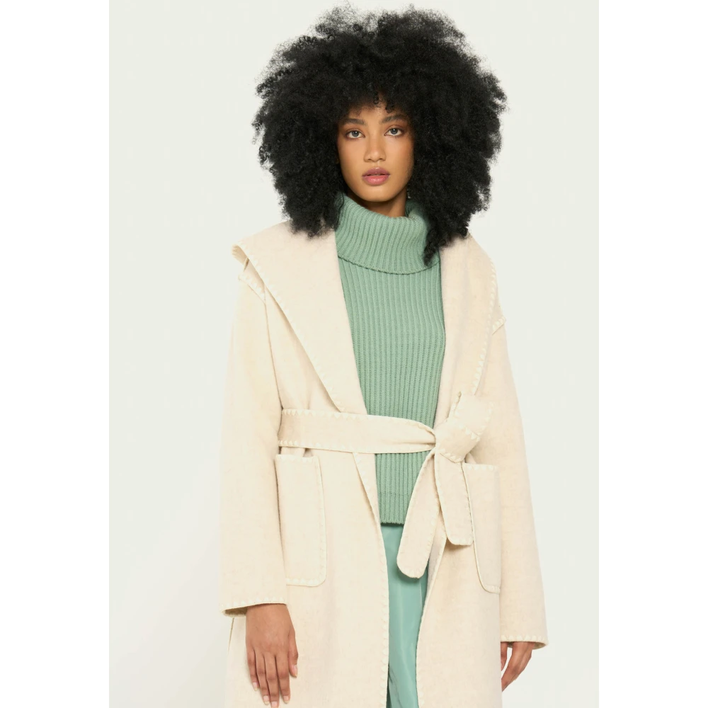 Vicario Cinque Wollen Hood Wrap Jas Zakken Beige Dames